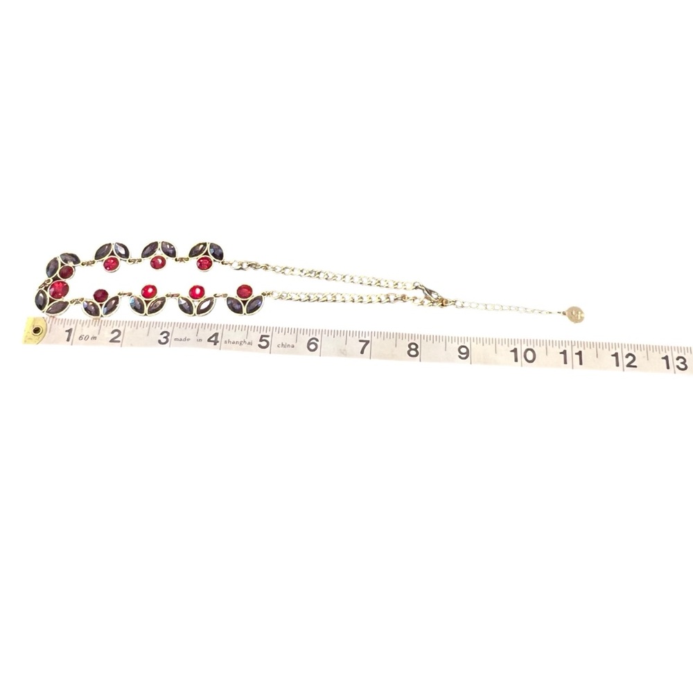 Liz Claiborne Statement Necklace Signed Red Purple Stone Flowers‎ Gold Tone 20” - Picture 10 of 14